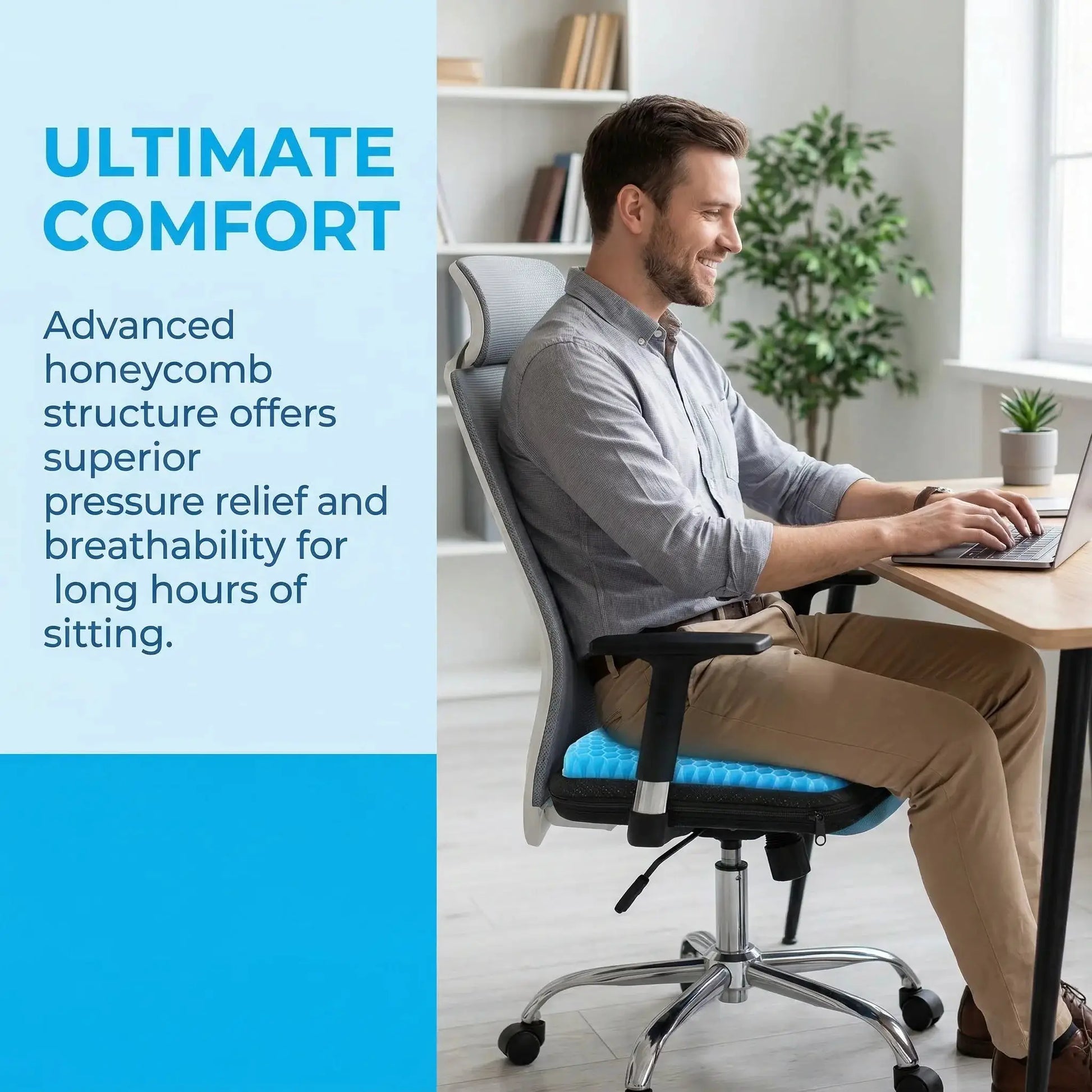 Large thick gel seat cushion with non-slip cover on an office chair; blue honeycomb breathable design.