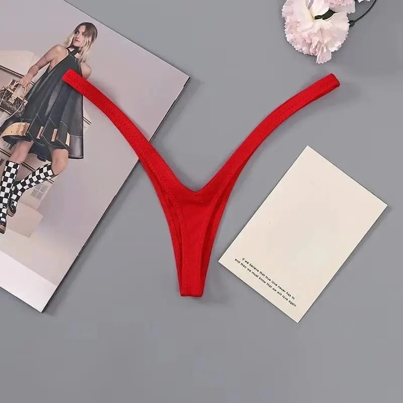 Women's red thong underwear with deep V, low-waist Brazilian design