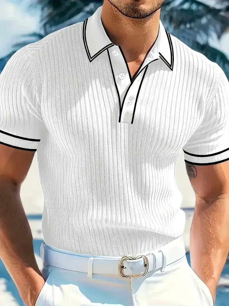 Men's white ribbed polo shirt with black piping, short sleeves, on model