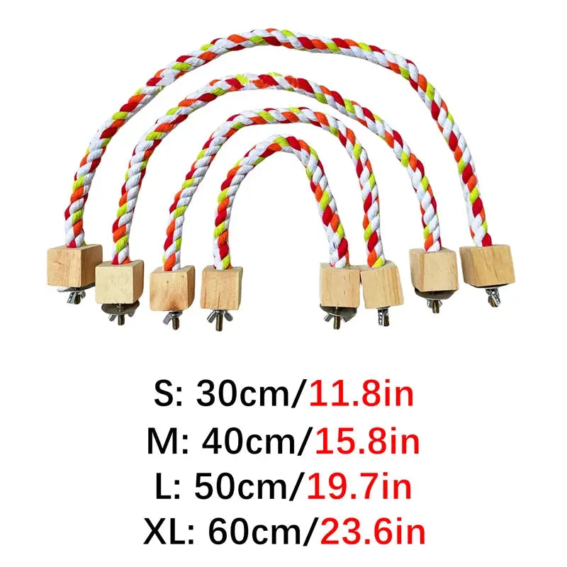 Simples Market parrot rope toy set; colorful cotton rope with wooden end blocks and metal hardware