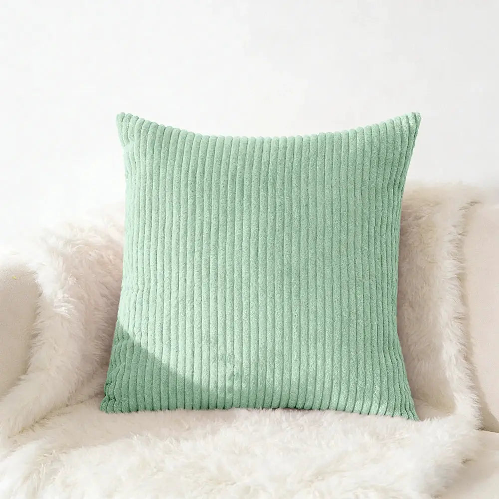 Corduroy pillow cover in mint green with vertical ridges, soft plush texture for sofa decor