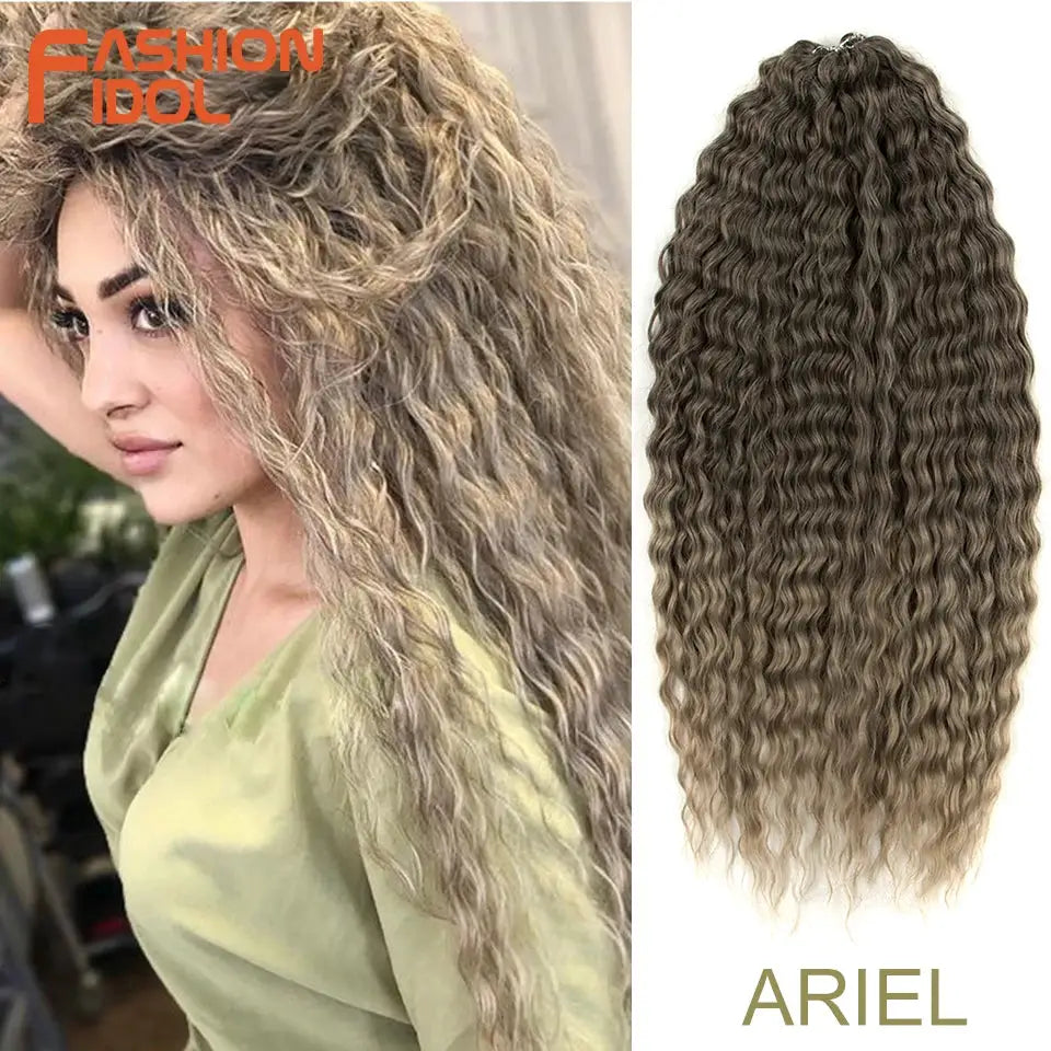 Ariel hair extension, synthetic twist crochet curly hair, 24in water-wave, ombre blonde to brown.