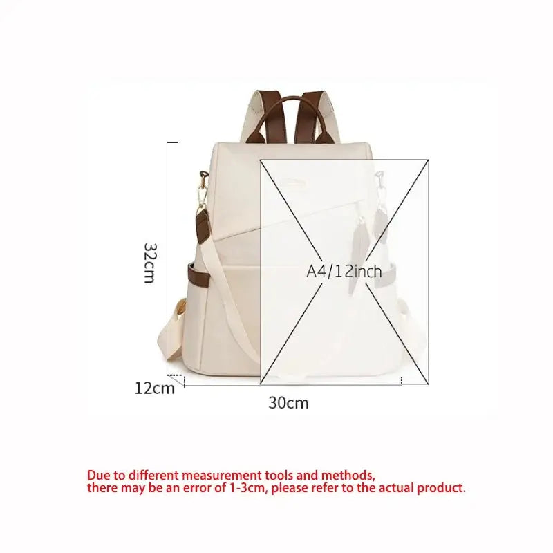 Beige nylon anti-theft backpack with tassel for casual travel and school use