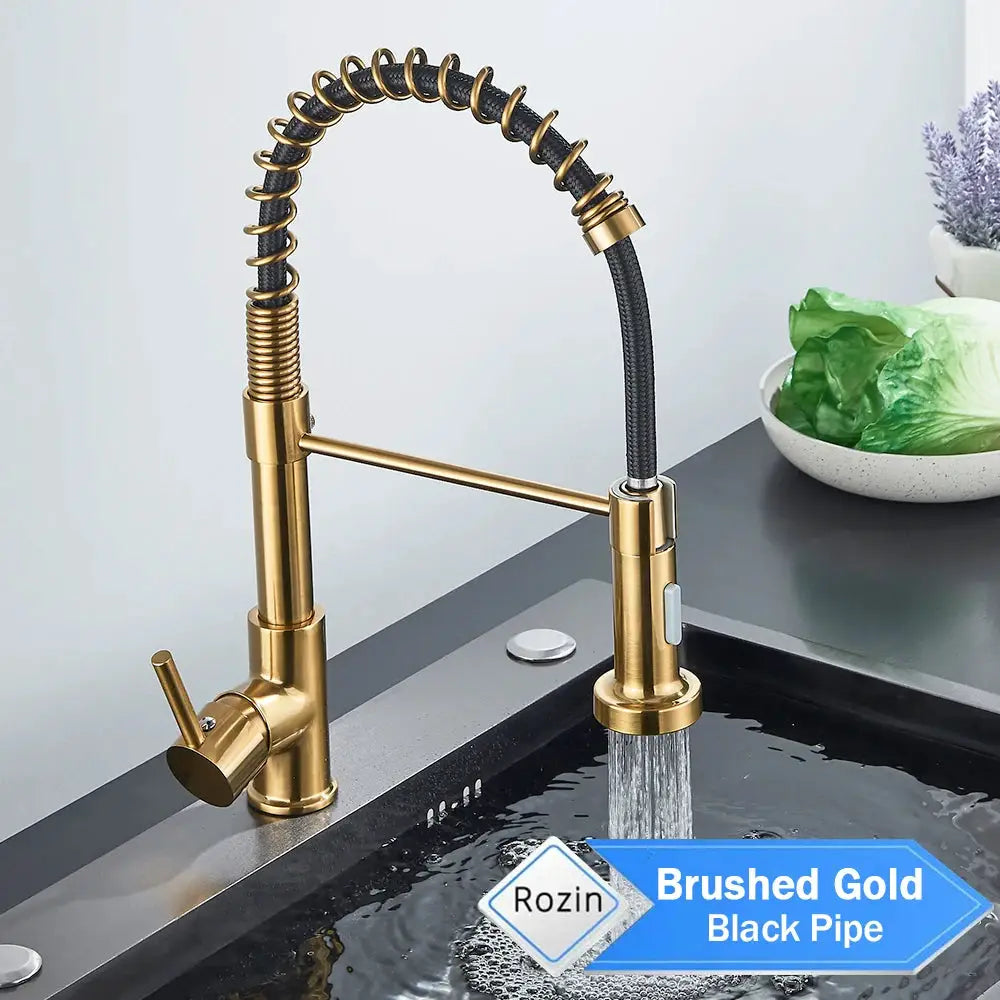 Rozin brushed gold deck-mounted kitchen faucet with black braided hose and 360-degree rotation sprayer