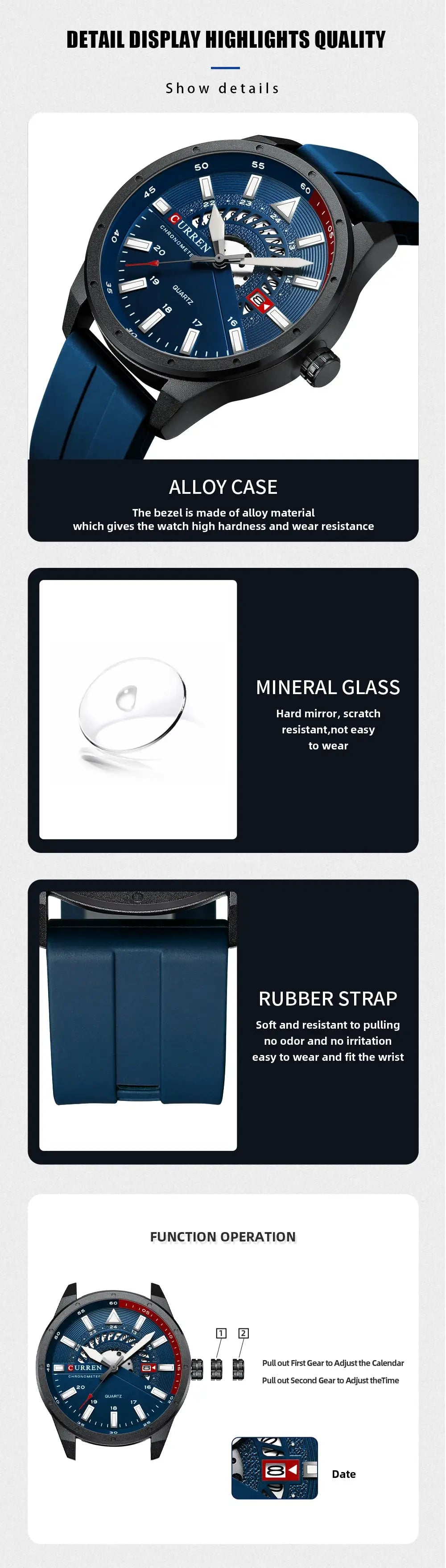 CURREN men's wristwatch with blue dial and blue silicone strap, alloy case, date, waterproof