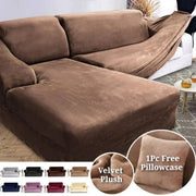 Velvet plush sofa cover by Simples Market for L-shaped corner sofa; brown elastic stretch fabric.