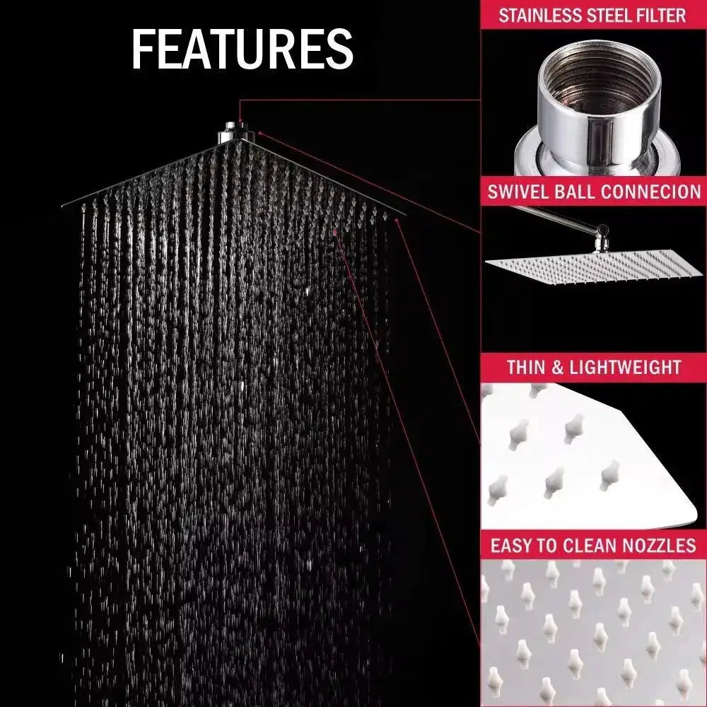 Shower head by Simples Market; stainless steel high-pressure waterfall design, 8–12 in options, black/silver/gold finishes.