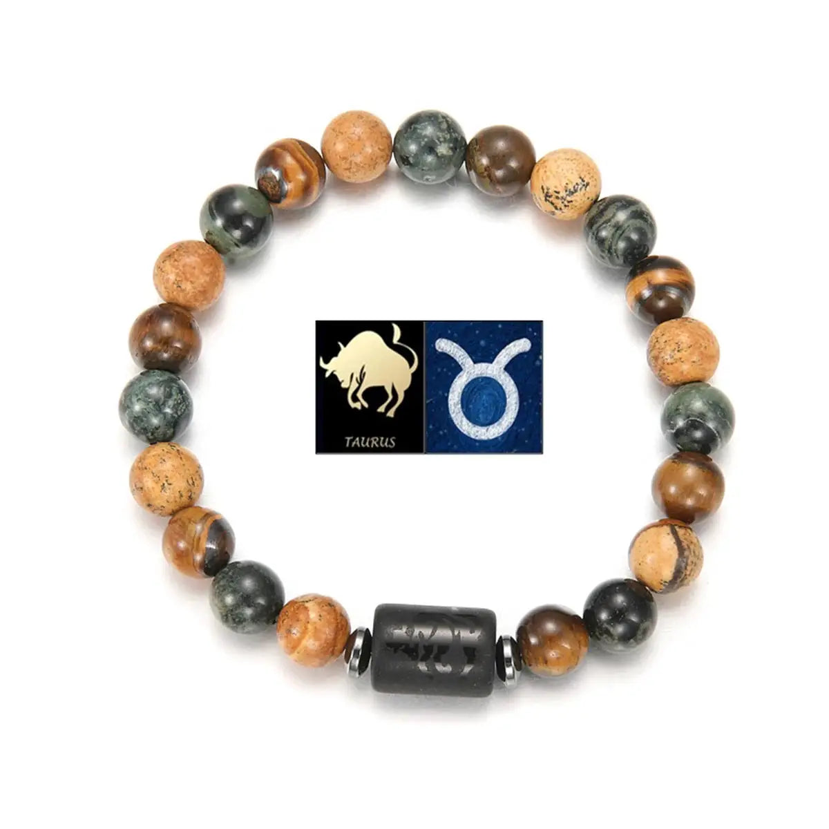 Natural Stone Tiger Eye Picture Jasper Round Beads 12 Constellations Unisex Bracelet