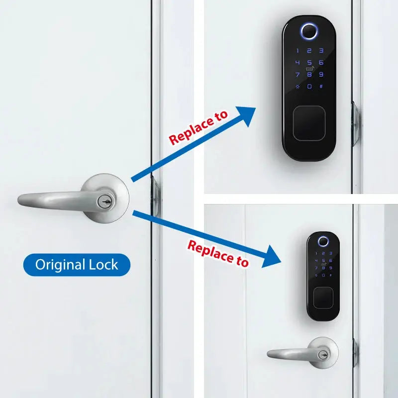 Smart door lock with blue-lit keypad and fingerprint scanner shown beside the original silver door handle (2 items)