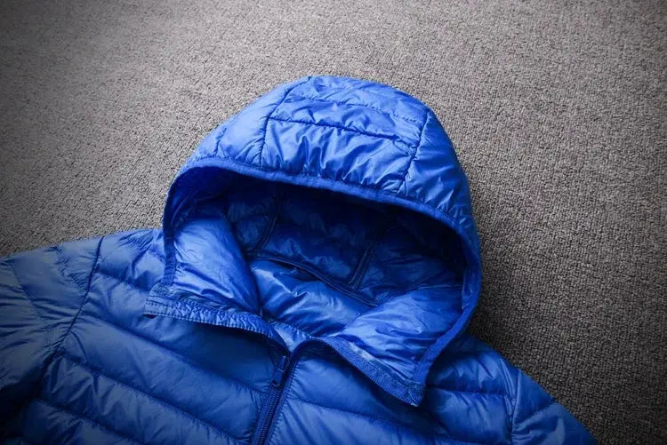 Men's blue hooded puffer down coat, ultralight duck-down, zip-front.