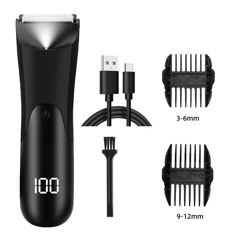 Simples Market men's groin/body hair trimmer, black electric shaver with ceramic blade and 2 guard attachments