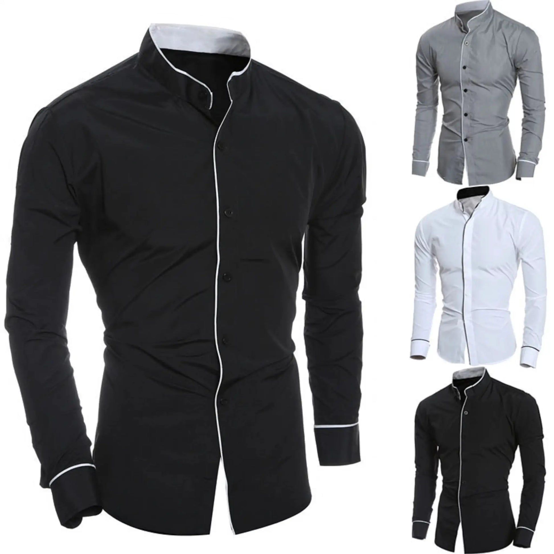 Men's long-sleeve stand-up collar shirt in black with white piping; gray and white variants shown (4 pieces)
