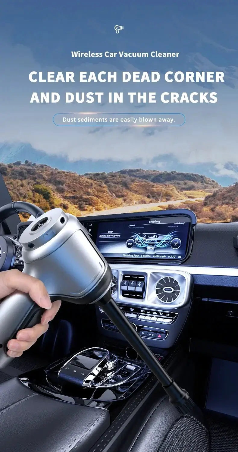 Wireless car vacuum cleaner by Simples Market, 95000PA, silver handheld with black nozzle, in-car.