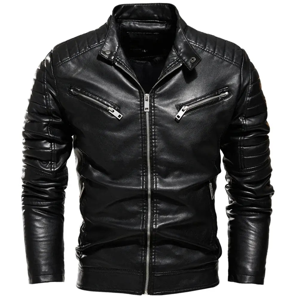 Men's black leather motorcycle jacket with quilted shoulders, dual diagonal chest zippers and front zipper