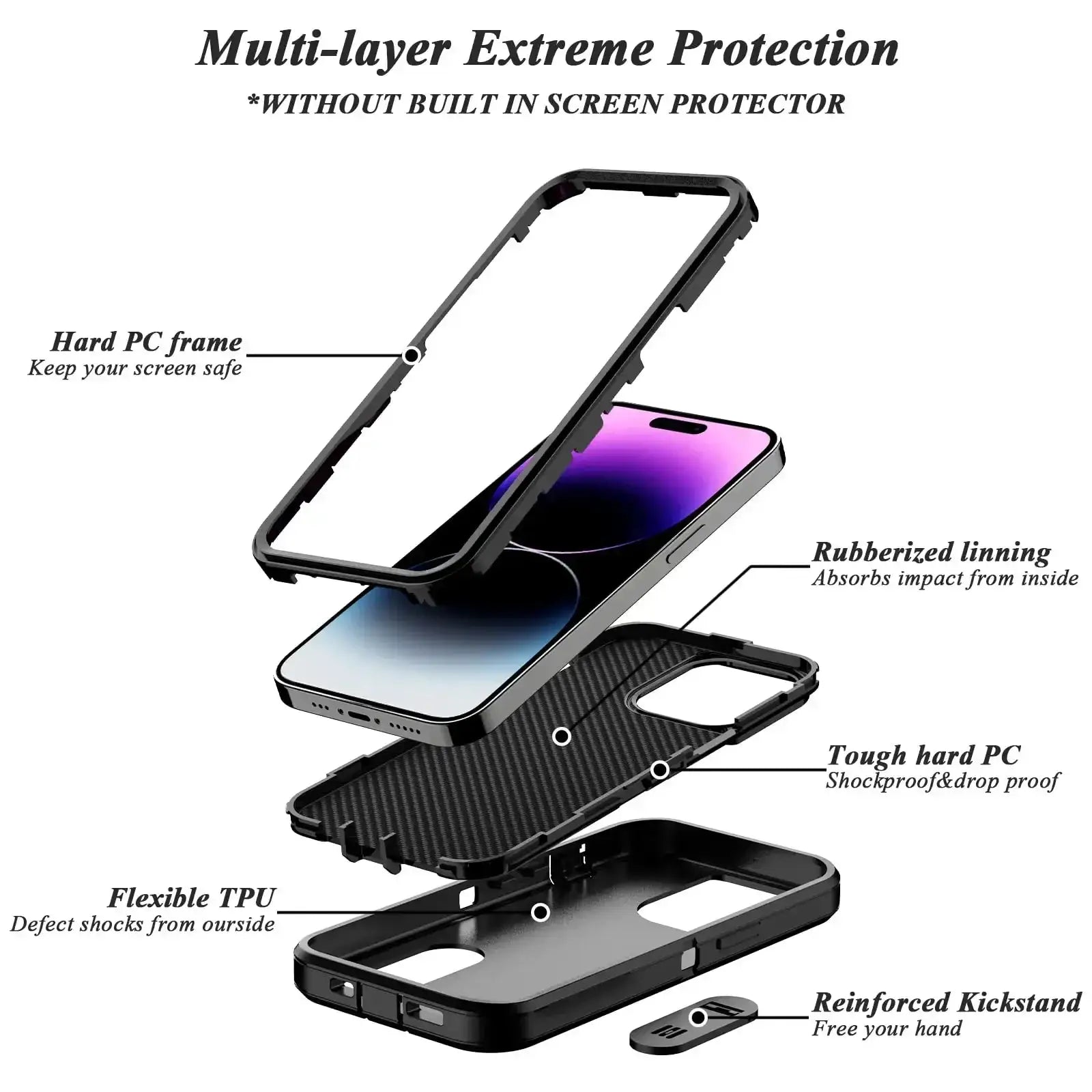 Simples Market rugged iPhone case with kickstand; black hard PC frame, TPU lining, anti-scratch protection.