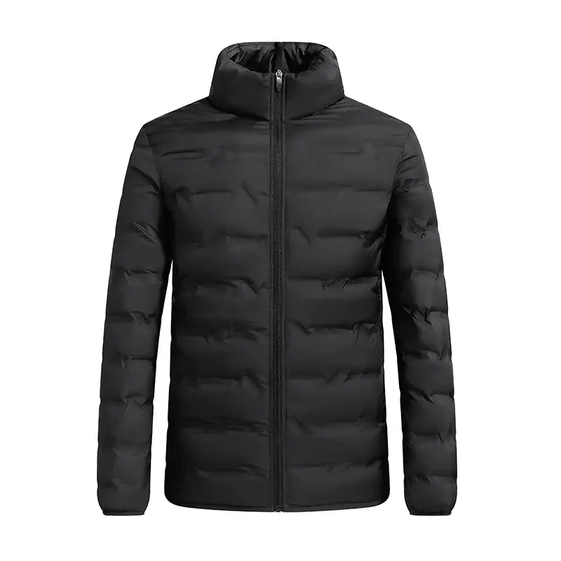 Men's black duck-down puffer jacket with full-zip for winter warmth