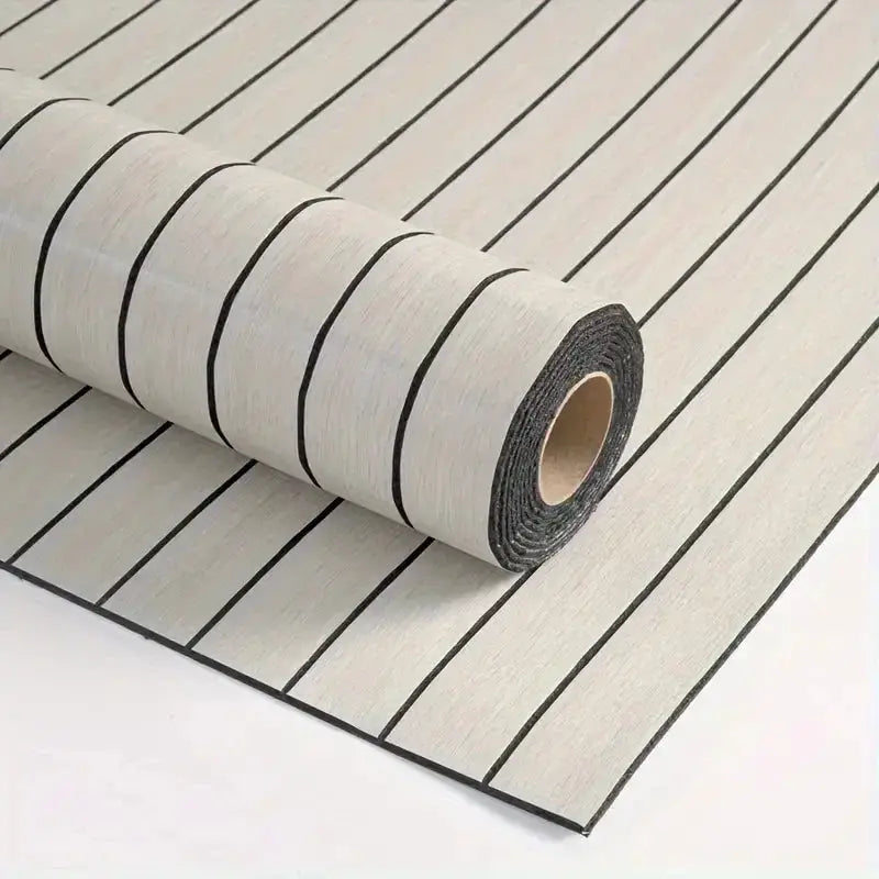Retro wood grain self-adhesive wallpaper roll with light beige planks and black stripes