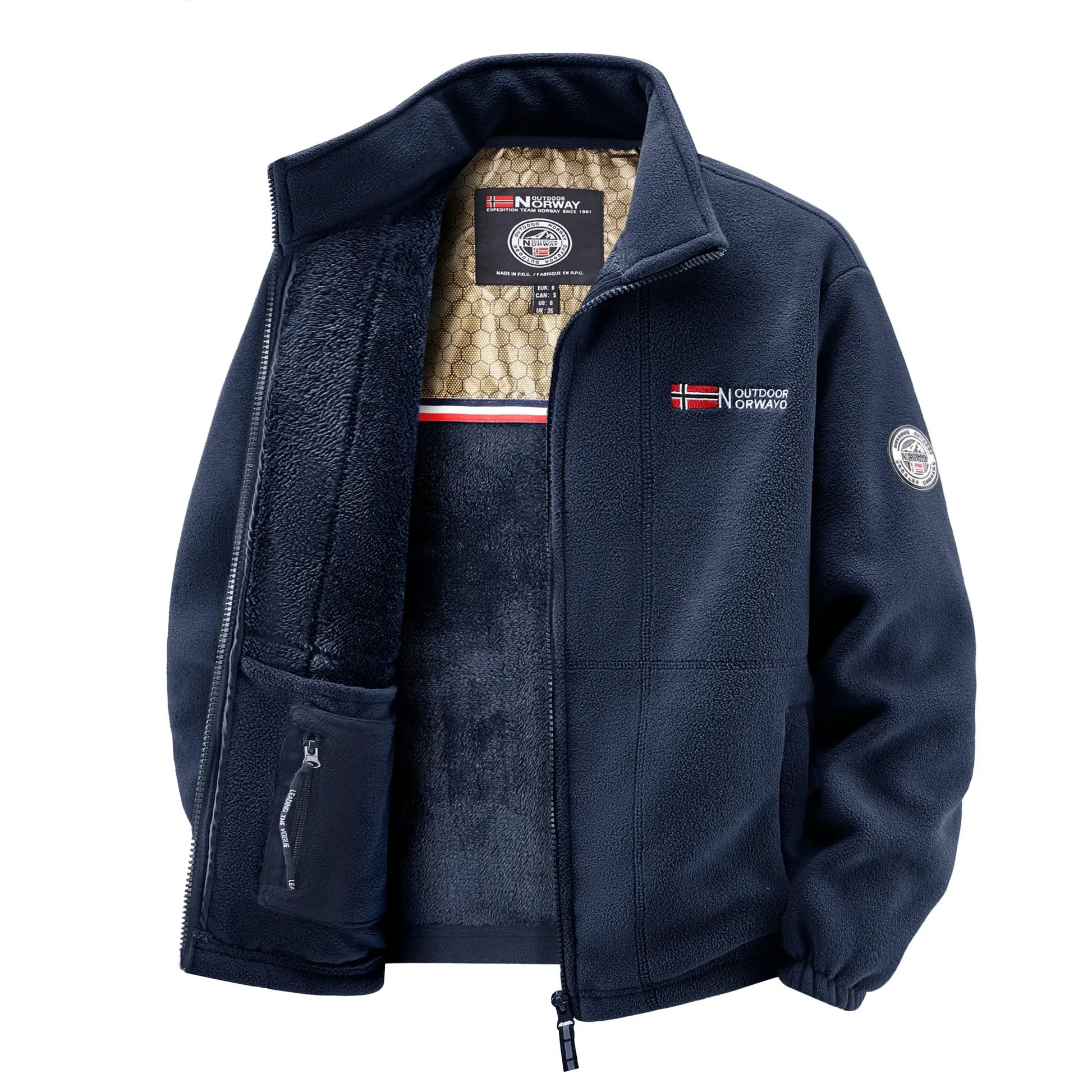 Men's fleece jacket by Simples Market, navy blue with honeycomb interior lining and Outdoor Norway patches.