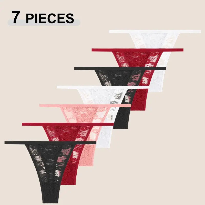 7-piece lace G-strings set in assorted colors with sheer floral lace and low-rise design