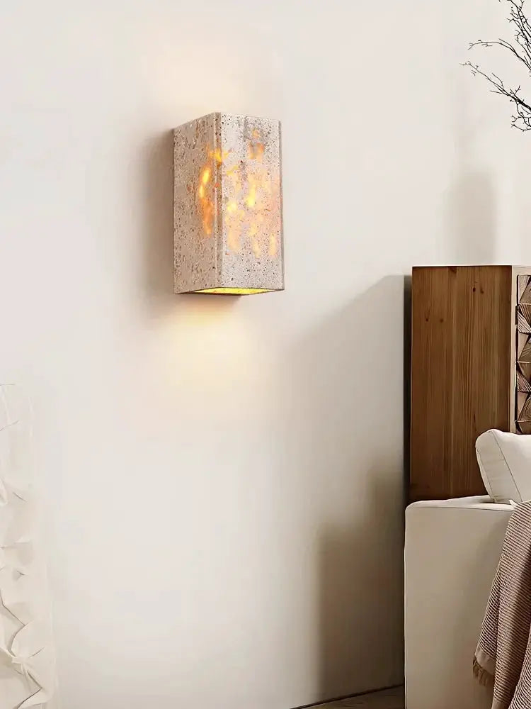 Wabi Sabi yellow marble travertine wall lamp, rectangular LED bedside light