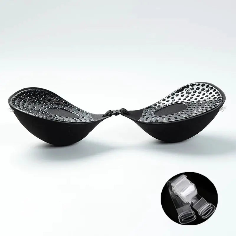 Simples Market strapless adhesive padded bra, 5cm thick, push-up cups, black front-closure with nipple covers