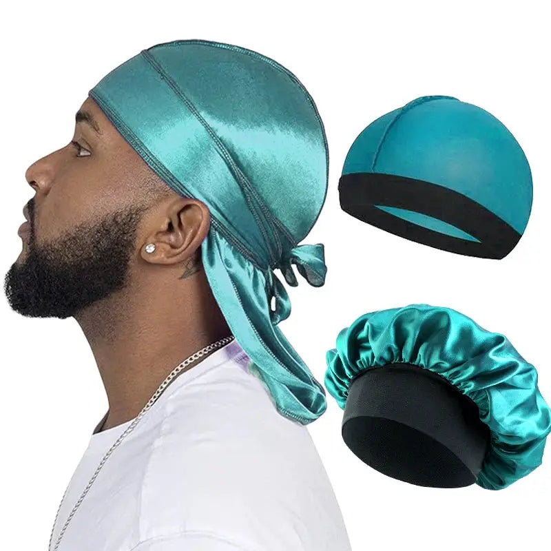 3 Pack Mens Silky Satin Durag Long Tail Pirate Hat Wave Cap Unisex Wig Cap Turban Bonnet Set