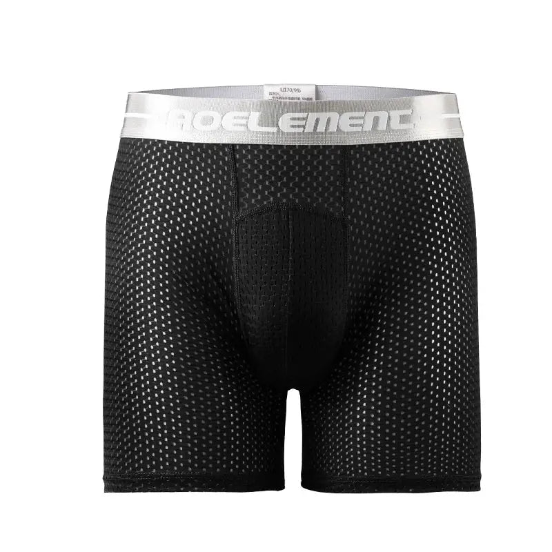 Men's black mesh boxer briefs with silver waistband, breathable fabric, large size