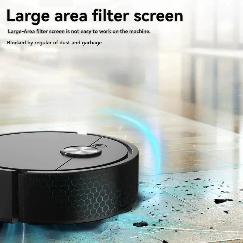 Simples Market smart vacuum cleaning robot, round black unit with blue light ring on the floor.