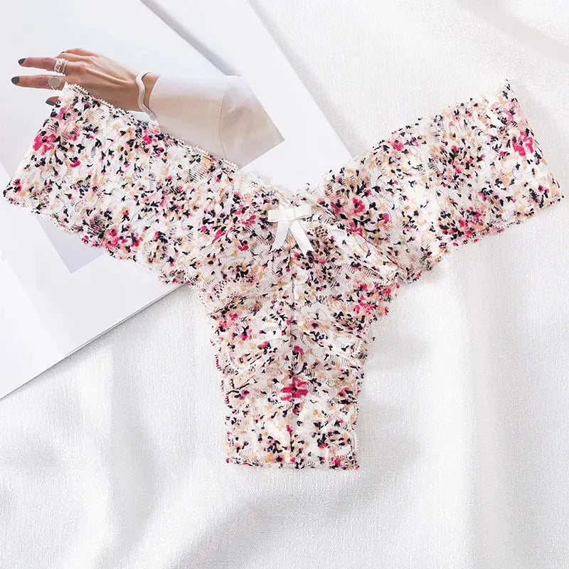Women's floral ruffle seamless thong underwear with white bow, G-string style