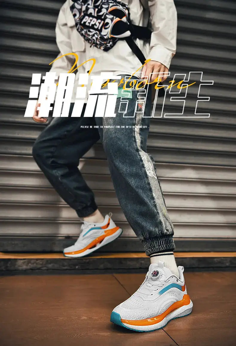 Men's sneakers by Simples Market; white running shoes with orange and turquoise accents.