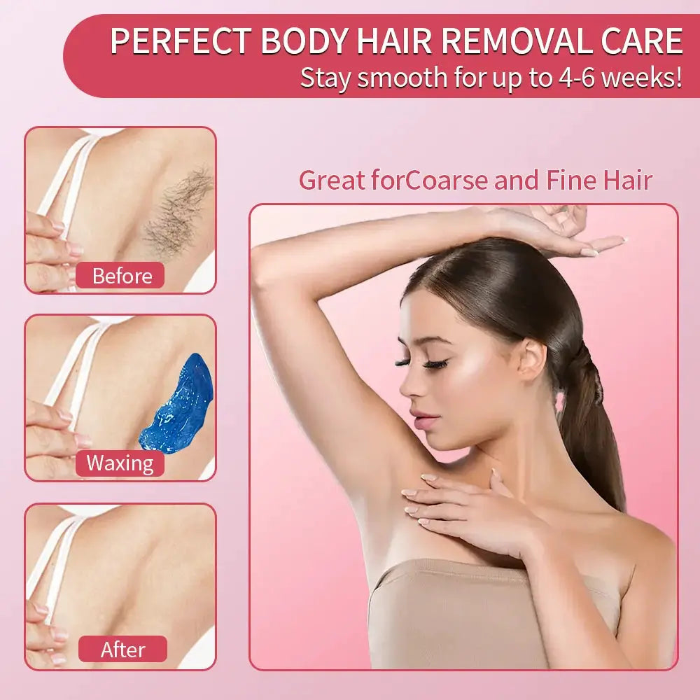 Waxing machine for hair removal by Simples Market; pink promotional image with before, waxing, and after panels.