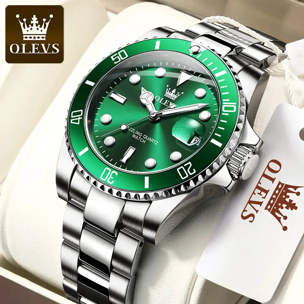OLEVS 5885 men's stainless steel watch with green dial and bezel, date window