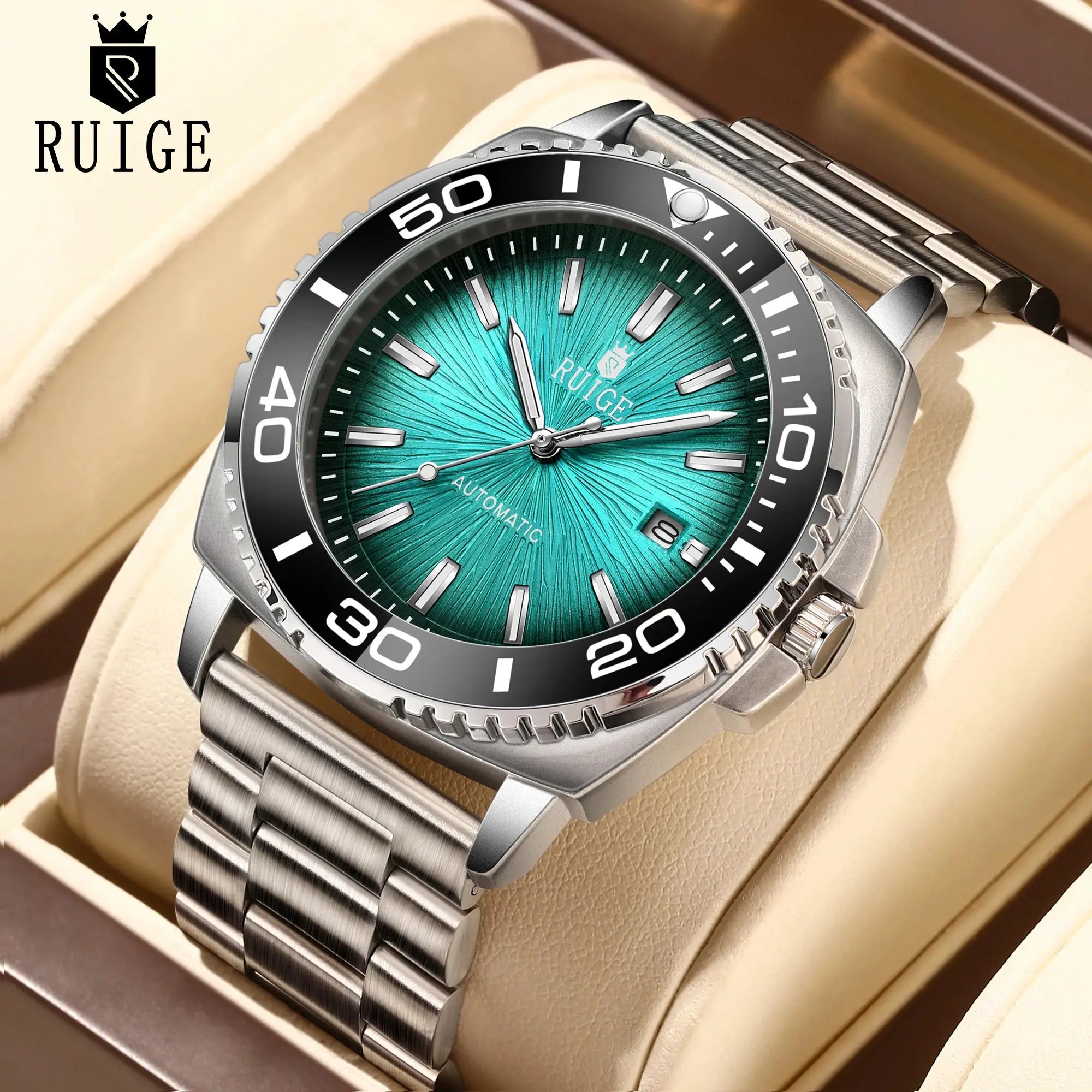 RUIGE men's stainless steel automatic watch with teal sunburst dial, date window, and metal bracelet.