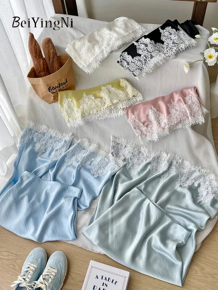 Beiyingni Satin A Line Lace Patchwork Skirt For Women Elegant Long Office Wear Chic