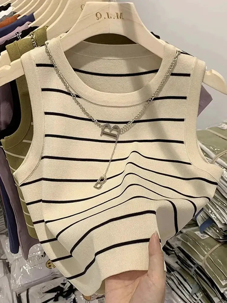 AOSSVIAO 2026 Summer Knit Vest For Women Striped Slim Fit Sleeveless Waistcoat With Turtleneck Collar
