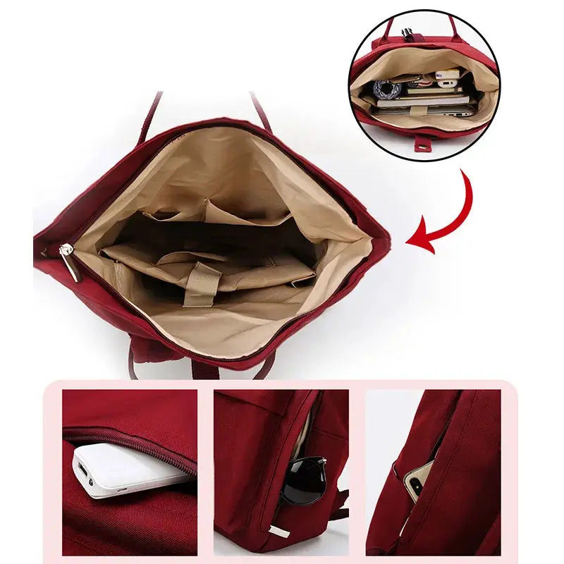 College backpack Simples Market, red large-capacity bag with beige interior and multiple pockets