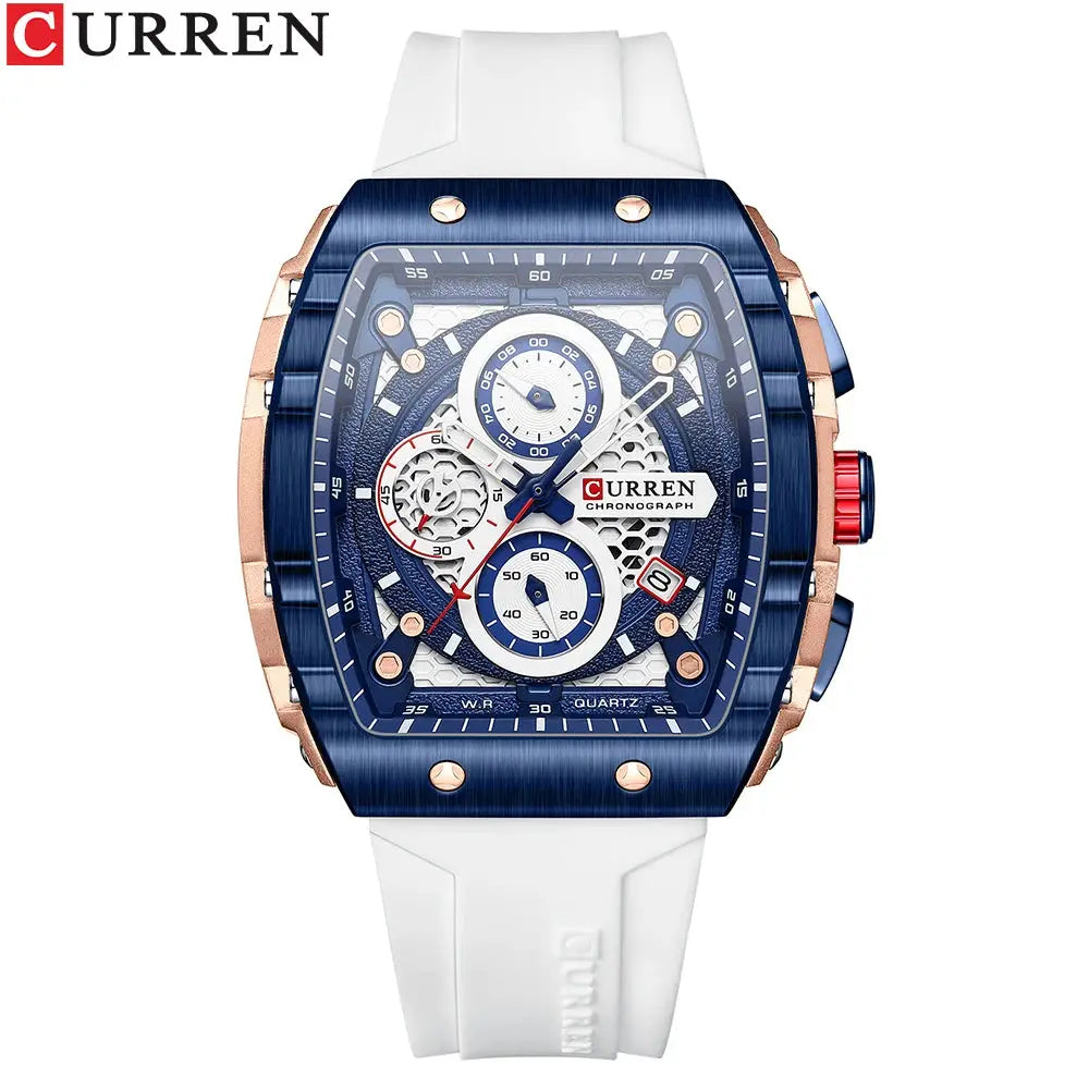 Curren Luxury Square Quartz Wristwatch For Men Water Resistant Luminous Chronograph With Date Alloy Case Silicone Strap