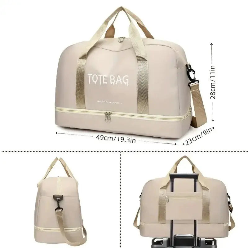 Simples Market large-capacity travel duffle bag, beige nylon with adjustable shoulder strap