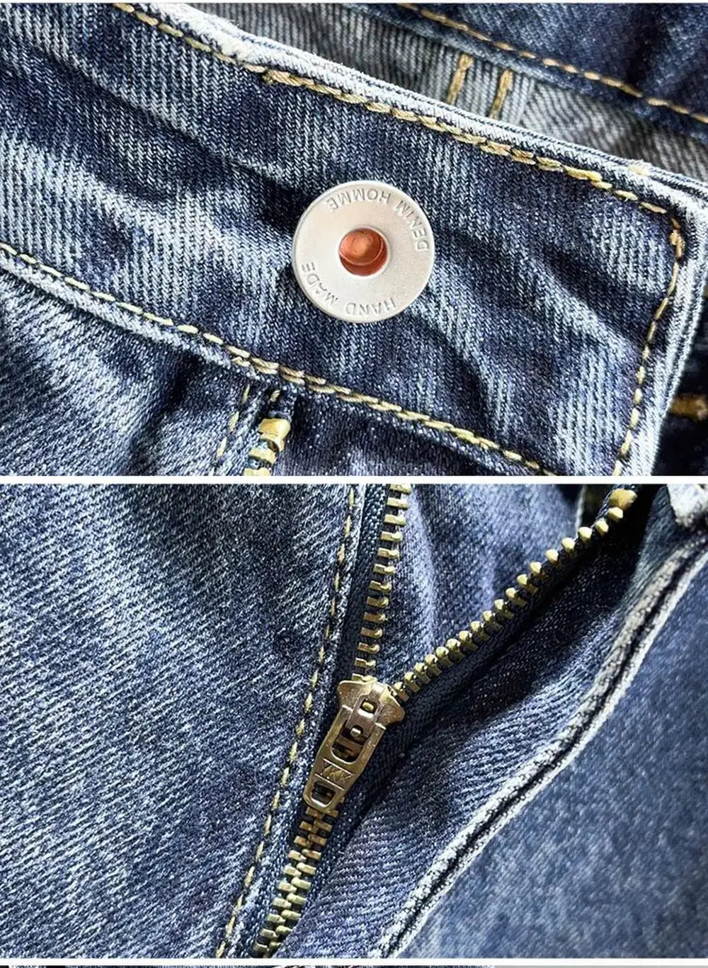 Men's blue denim jeans by Simples Market with brass zipper, metal button and yellow stitching