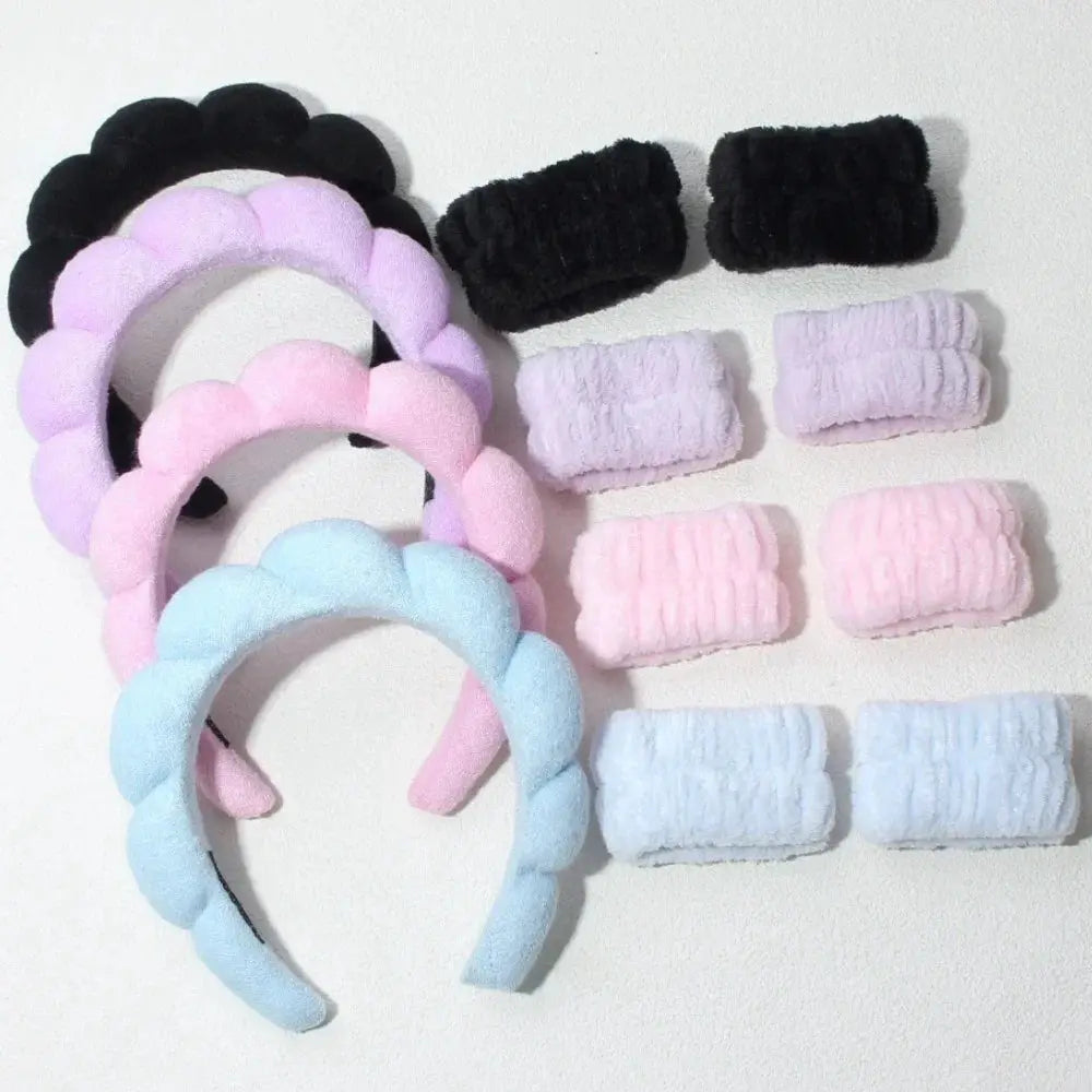 Three Piece Bubble Headband Set With Wristbands And Scrunchies For Face Washing Makeup And Shower Spa Skincare