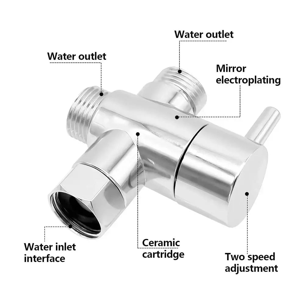 Chrome 3-way diverter valve T-adapter for shower faucet, G1/2in, brass with ceramic cartridge