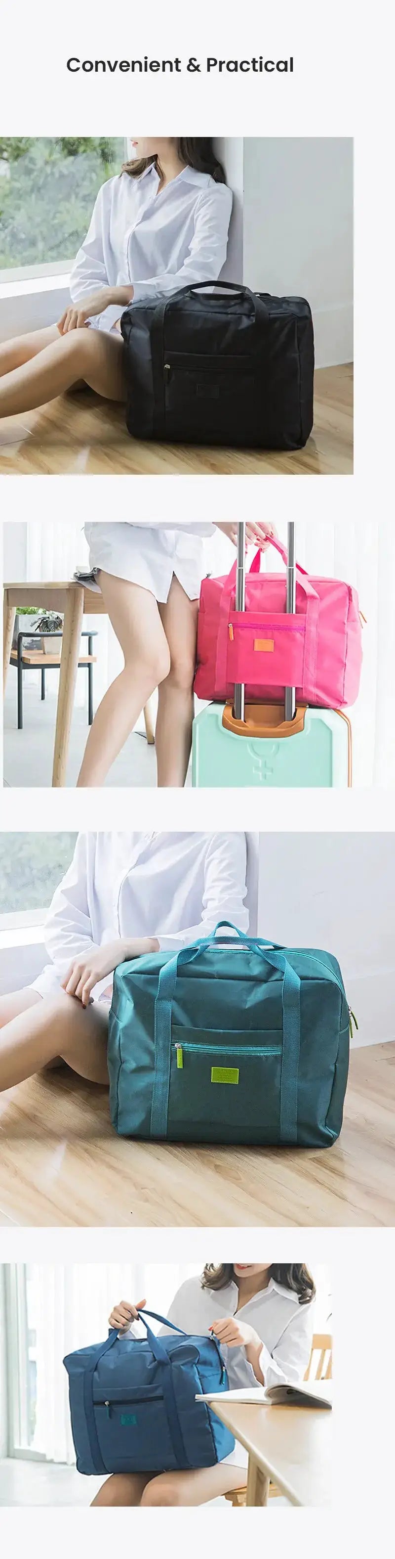 Foldable travel duffel bag by Simples Market, lightweight carry-on luggage in black, pink, teal and blue (4 bags)
