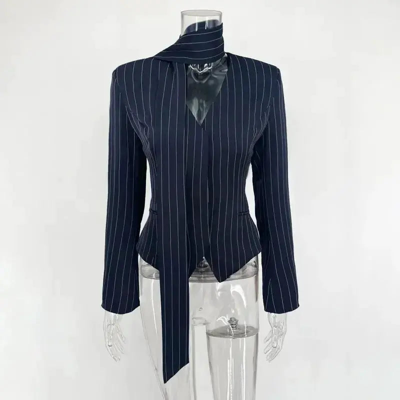 Tuularose 3 Piece Dress Set V Neck Striped Ribbon Blazer Slim Dress