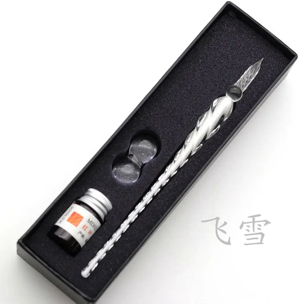 Crystal glass dip pen gift set in black box with ink bottle and twisted silver handle