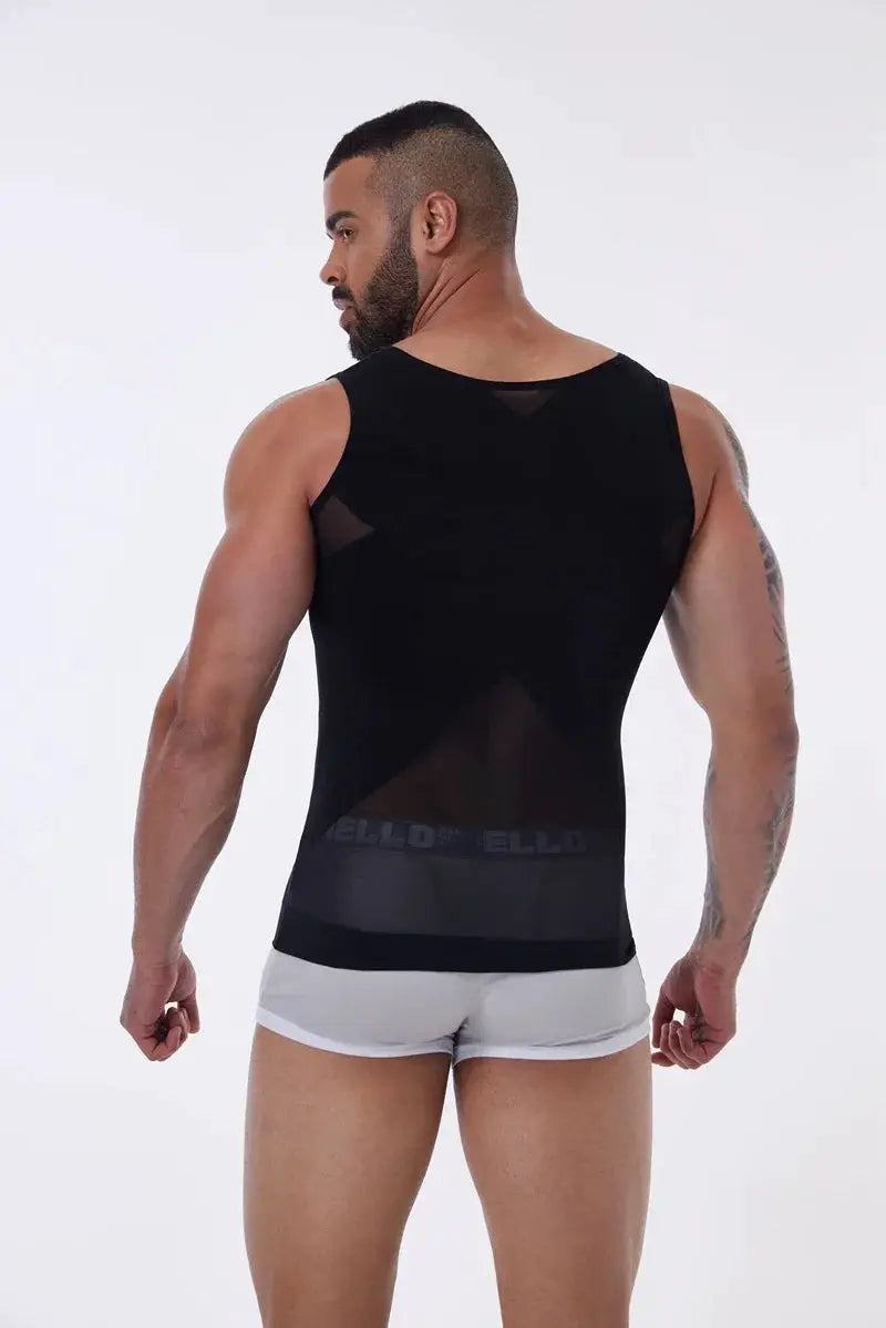Men's slimming body shaper vest with black criss-cross mesh panels, sleeveless compression undershirt