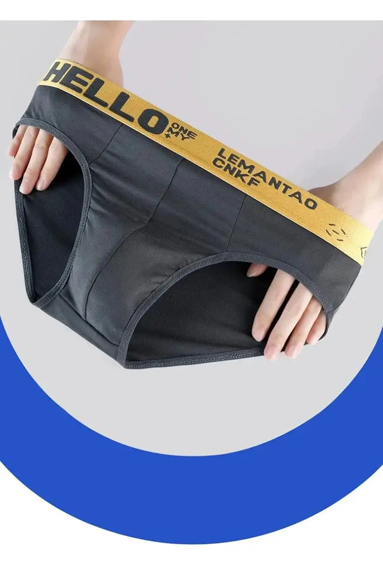 Men's breathable briefs in dark gray with a yellow elastic waistband