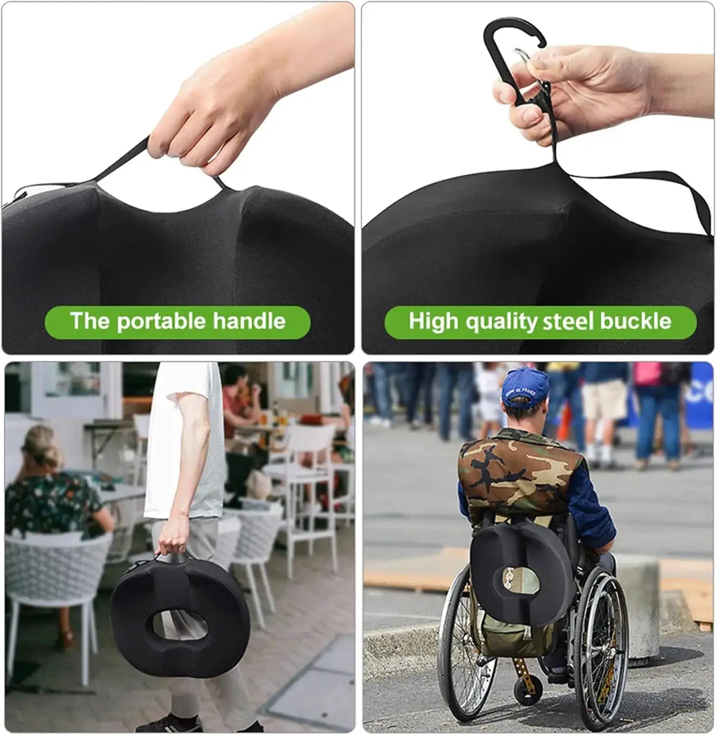 Donut coccyx car-seat cushion; black memory-foam pad with portable handle and steel buckle