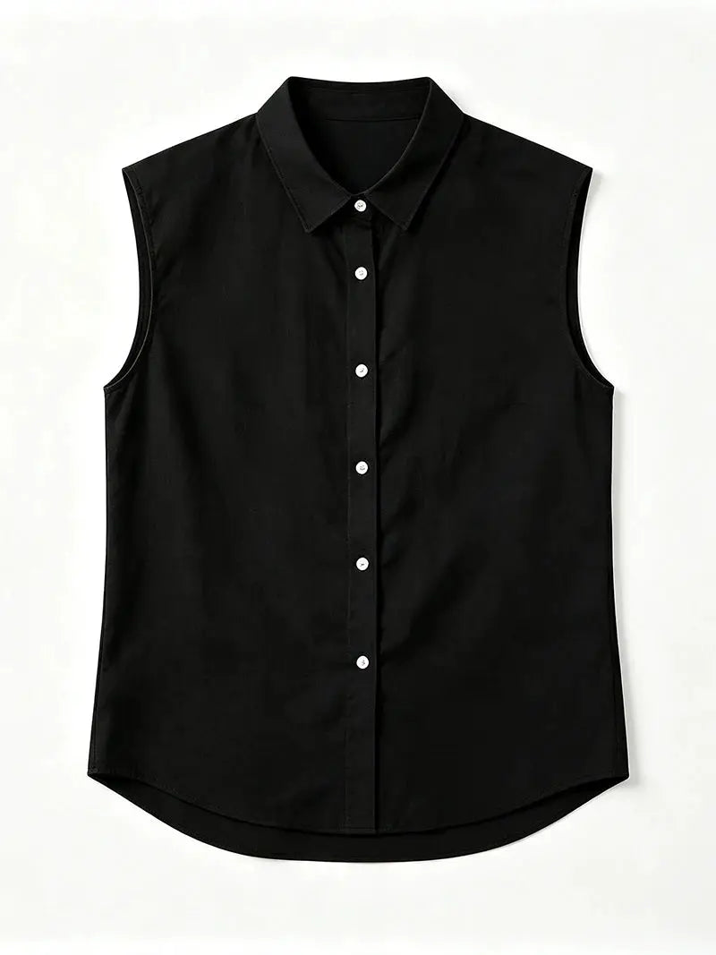 Black men's sleeveless cotton-linen shirt with turn-down collar, button-up front