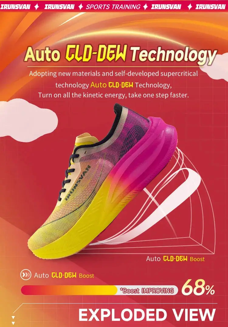 IRUNSVAN running shoe with nylon-carbon plate, neon yellow to pink gradient, lightweight training sneaker