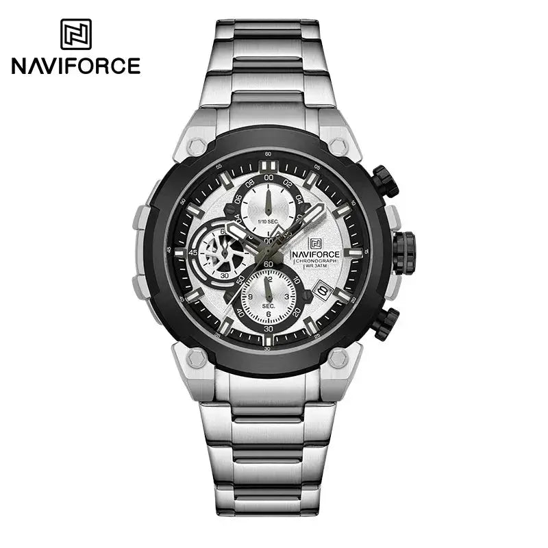 NAVIFORCE men's chronograph stainless steel watch with silver bracelet and black bezel
